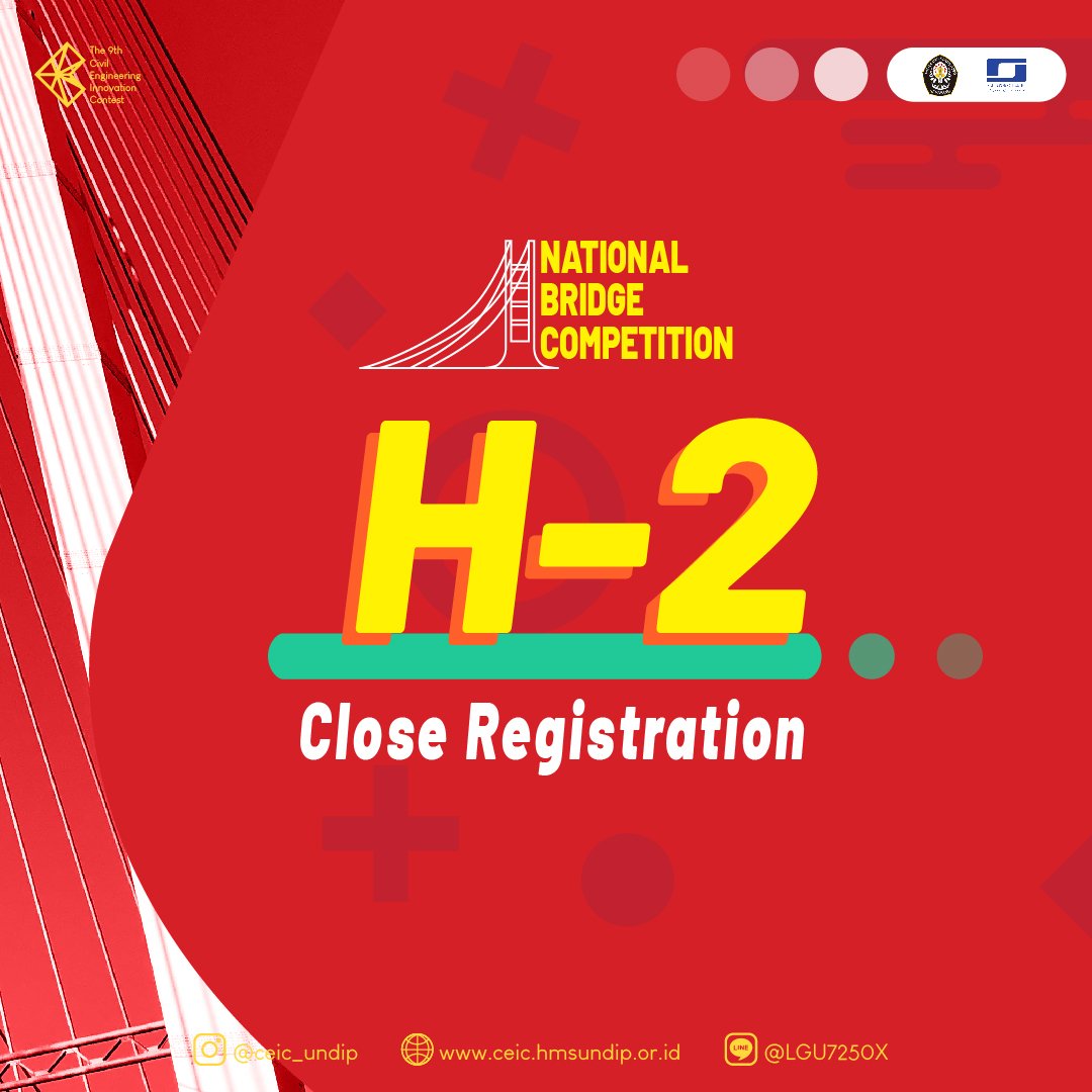 [ H-2 PENDAFTARAN NBC DITUTUP ] 

Tinggal 2 hari lagi pendaftaran National Bridge Competition ditutup!! Ayo segera daftarkan tim mu dan raih kesempatan untuk menang! 

Informasi lebih lanjut : 
hmsundip.or.id/ceic/events/nb…