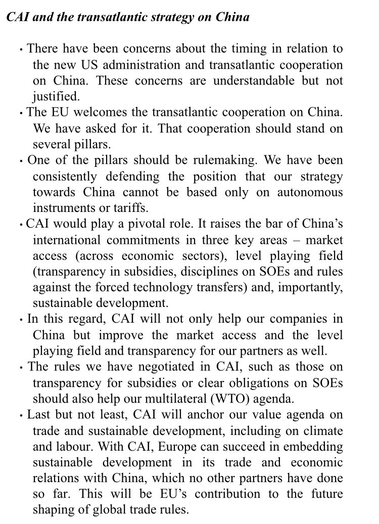 Further on the point of transatlantic alliance, EU also believes that the deal with China will “improve the market access and the level playing field and transparency for OUR PARTNERS [emphasis added] as well”. More here: