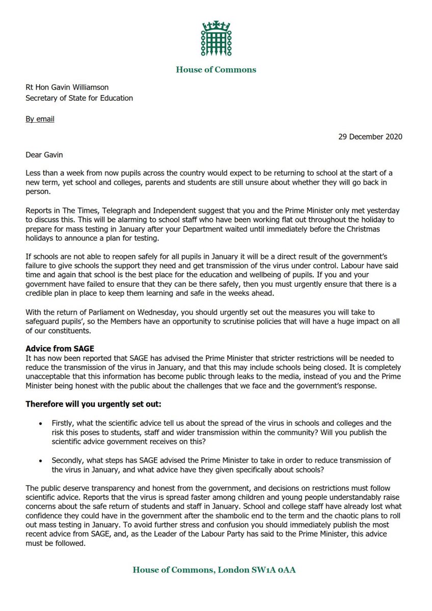 wesstreeting's tweet photo. Head teachers need to plan. Pupils need to learn. Parents need certainty. Staff need to work safely.

What is the scientific advice?
What is the plan to keep pupils learning NEXT WEEK?
What is the plan for testing?
When will staff receive vaccines?

Any answers @GavinWilliamson? https://t.co/fvOPC4pGOc