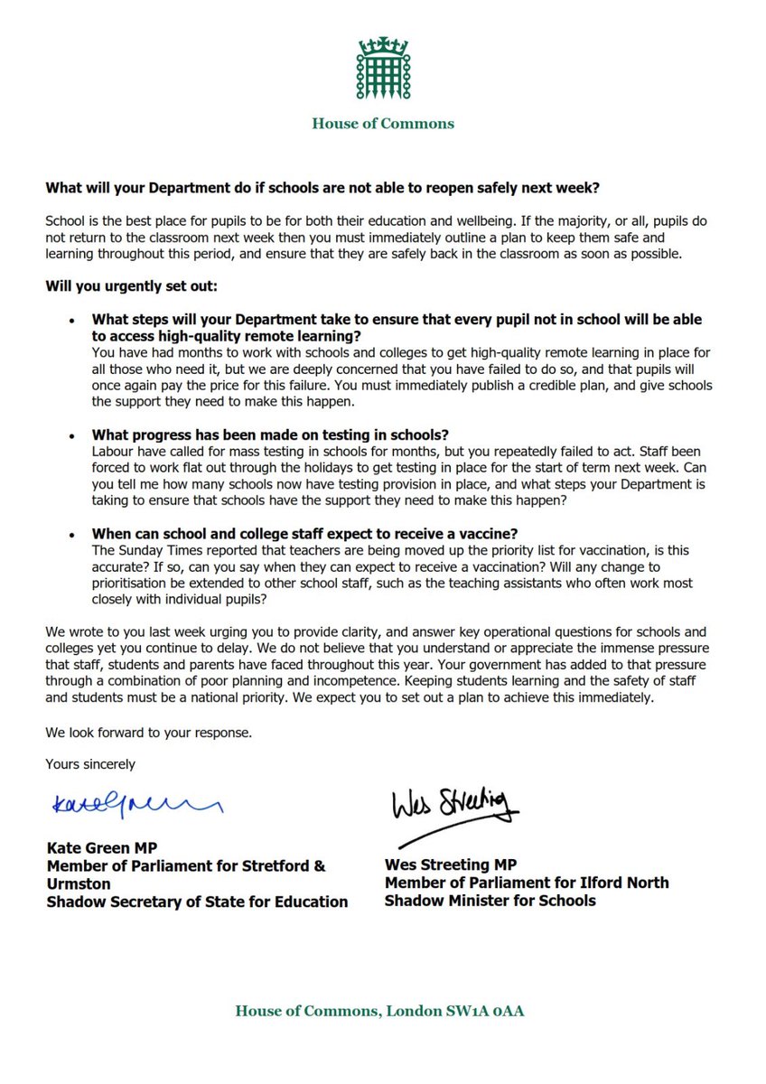 wesstreeting's tweet photo. Head teachers need to plan. Pupils need to learn. Parents need certainty. Staff need to work safely.

What is the scientific advice?
What is the plan to keep pupils learning NEXT WEEK?
What is the plan for testing?
When will staff receive vaccines?

Any answers @GavinWilliamson? https://t.co/fvOPC4pGOc