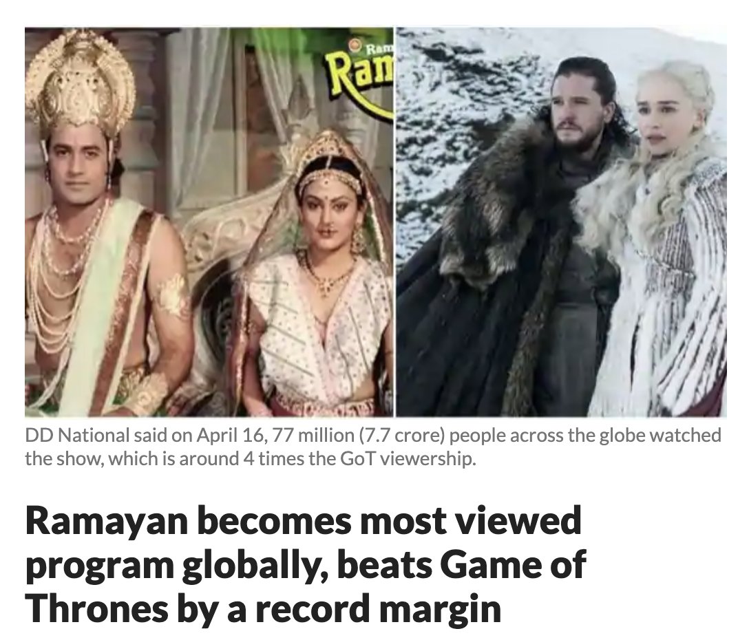 Finally, Ramayan made a resurgence in 2020 and ended up breaking viewership records left, right and center making other mythological epics such as  @GameOfThrones bite the dust. Take that  @HBO  #BMKJ  #ProudFeels https://www.livemint.com/news/india/ramayan-becomes-most-viewed-program-globally-beats-game-of-thrones-by-a-record-margin-11588400958695.html