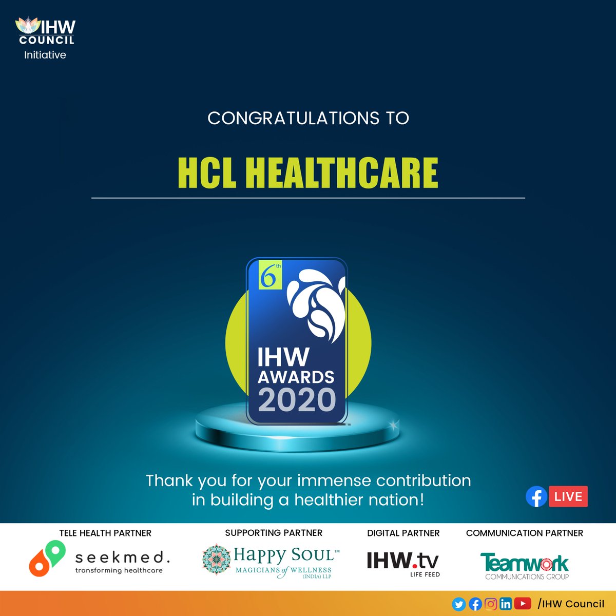 ihwsummit's tweet photo. HCL Healthcare wins the honour of 'Health Workplace Brand' for making a difference to health at workplace!
Watch LIVE - https://t.co/7cFSVQhWQ1
#IHWAwards #IHWAwards2020 @HCL_Healthcare #HealthWorkplace https://t.co/Cu84LG1e3K