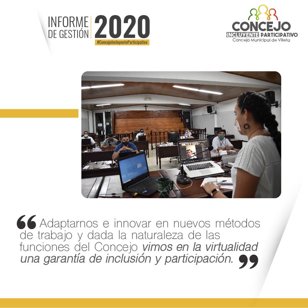 ConcejoVilleta's tweet photo. #InformeGestión2020 || Adaptarnos e innovar en nuevos métodos de trabajo y dada la naturaleza de las funciones del Concejo vimos en la virtualidad una garantía de inclusión y participación.  

#concejoincluyenteparticipativo
.
.
#Villeta #cundinamarca #controlpolítico https://t.co/eu5FLjZlog