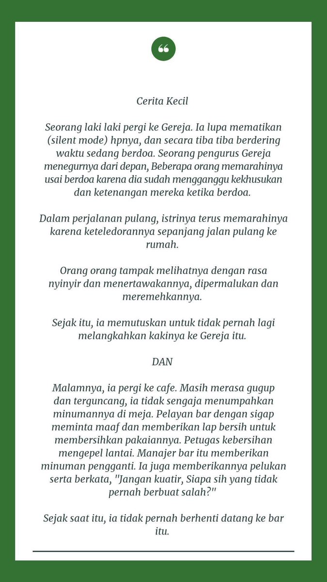 RomoKristiadipr's tweet photo. Menemukan CERITA KECIL ini di story insta seorang teman. Meminta ijin untuk membagikannya di sini.

Belas kasih” dan “pengampunan” memberikan rasa damai, rasa aman untuk pulang ke rumah (at home).

Semoga aku tak pernah lelah memperjuangkannya. Semoga kamupun juga.

@KatolikG https://t.co/mXst58NLP5