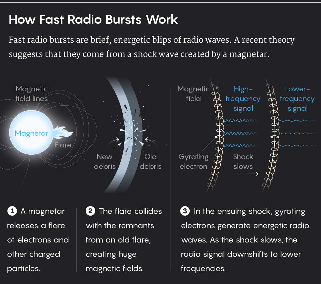 QuantaMagazine's tweet photo. Scientists have confirmed that magnetized neutron stars are at least one source of fast radio bursts. The task now is to pinpoint exactly how magnetars create the brief burst of radio waves. https://t.co/WBDrtoobJn https://t.co/xuPAMKiIb7