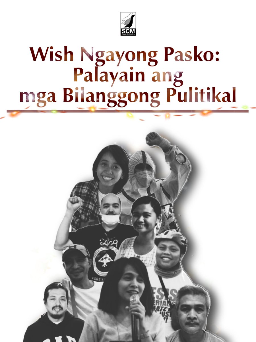 SCMPhilippines's tweet photo. Wish ngayong Pasko: Palayain ang mga Bilanggong Pulitikal!

Kaya, sa diwa ng Pasko, kaisa ang kabataang Kristiyano sa panawagang palayain ang mga bilanggong politikal at mga ibinilanggo dahil sa maliliit na krimen!

read more: https://t.co/JvxJuE1fUN

#FreeHRDay7 https://t.co/n23LbLRZod