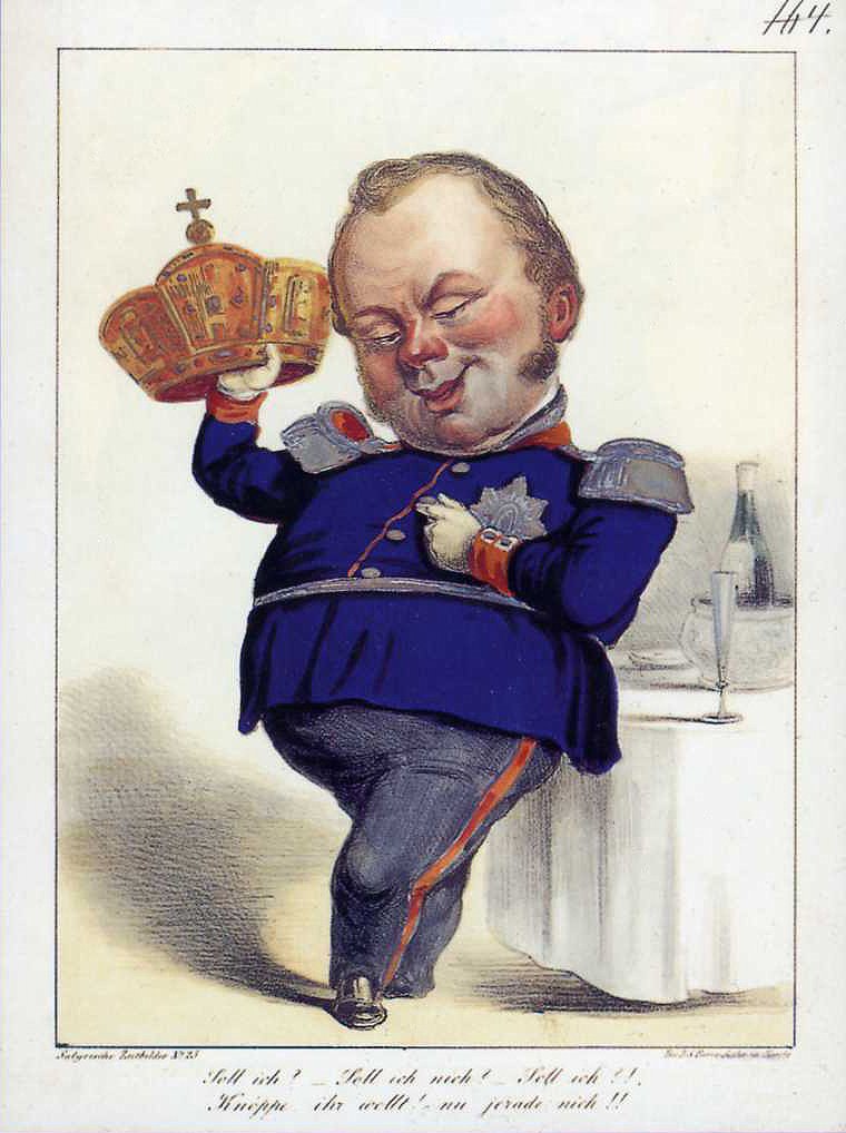 Caricature of Frederick William IV's rejection of the imperial crown; lithograph after a drawing by Isidor Popper.