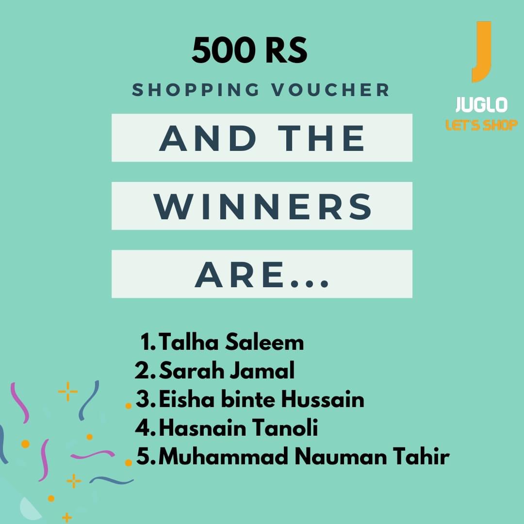 THE WAIT IS OVER! 
Announcing the winners for FREE RS 500 shopping voucher from JUGLO.PK. 🥳 Please inbox us to claim your FREE shopping voucher.
Stay updated for more giveaways!

#juglo #juglopk #jugloPakistan #onlinestore #onlineshopping #onlineshop   #shoponline