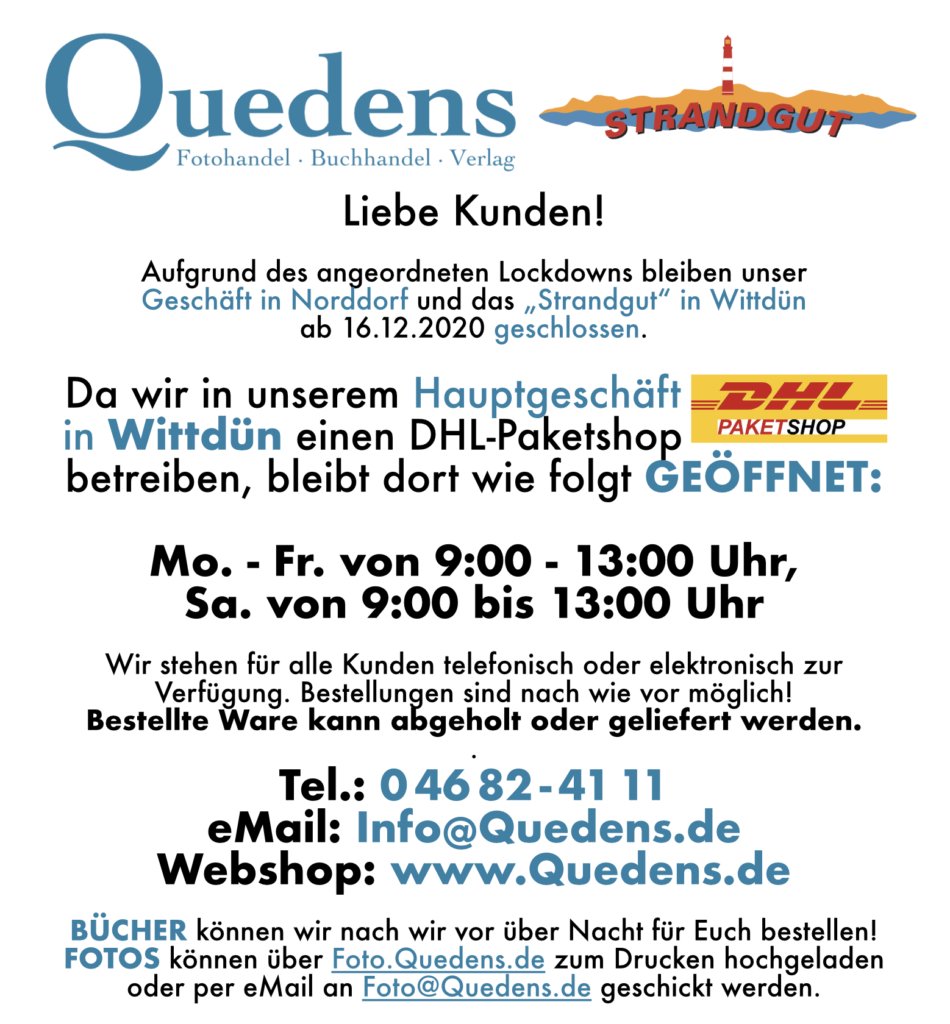 quedens_amrum's tweet photo. Aufgrund des angeordneten Lockdowns bleiben unser Geschäft in #Norddorf und das #Strandgut in #Wittdün ab 16.12.2020 geschlossen. 
Der #DHL-#Paketshop in unserem Hauptgeschäft in Wittdün bleibt wie folgt #GEÖFFNET: 
Mo. - Sa.: 9:00 - 13:00 Uhr https://t.co/6xxt7KuVG1 https://t.co/TbUtGsVayY