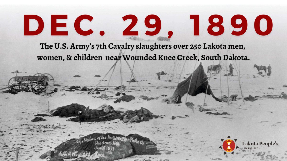 It has been 130 years today since the massacre at #WoundedKnee. On Dec. 29, 1890, the U.S. Cavalry killed more than 250 Lakota men, women, &amp; children. Twenty soldiers were awarded the Medal of Honor for the attack. 

It remains a blood-soaked stain on the flag of this country.