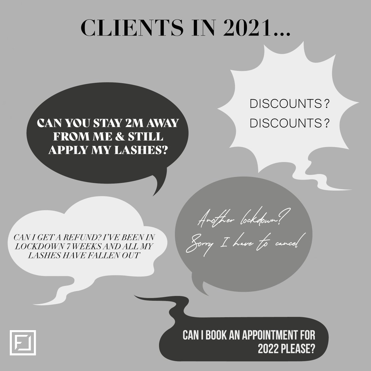 FlawlessLLashes's tweet photo. Our prediction for clients in 2021….

How many of these have you heard already?😉

We’ve still got some tough times ahead of us as lash artists, so we have to laugh or we’ll cry 😂 https://t.co/UyarSooVOy