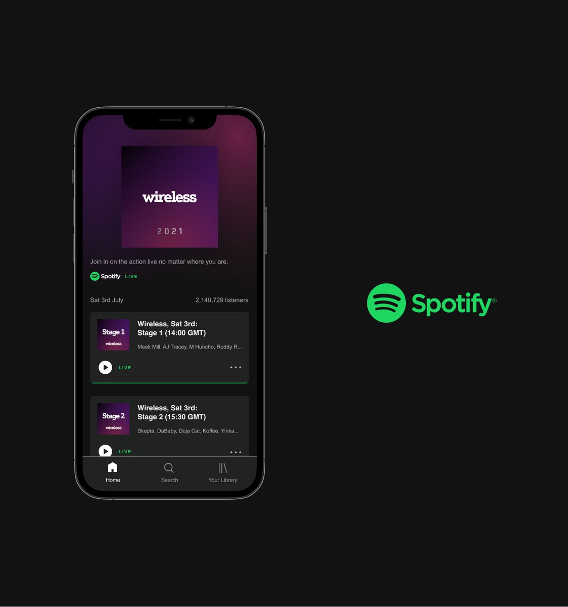Ever missed out on <a href="/WirelessFest/">Wireless Festival</a> because you couldn't make it? 

Today, I designed a feature on the <a href="/Spotify/">Spotify</a> app that allows listeners to tune in on the live action. This allows users to listen in on live festivals, concerts, conferences, webinars etc.

Never miss out again