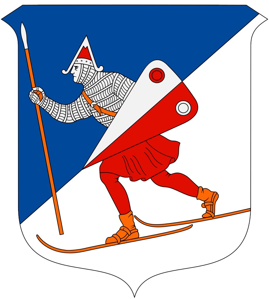 Over in Lillehammer we find a municipal shield who could really do with a blessing from the ski/shield god right about now. Here we see a Birkebeiner ("Birch-leg") rebel in the process of saving the infant king Håkon IV Håkonsson from the wealthy Baglers during the civil war era.