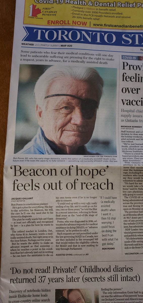 Front page of  @TorontoStar – they have the one disabled person with internalized ableism issues to interview on the benefits of MAiD.This one man, Ron Ponso, is someone politicians use as a reason to ammend MAiD to all physically disabled people, and not just those near death.