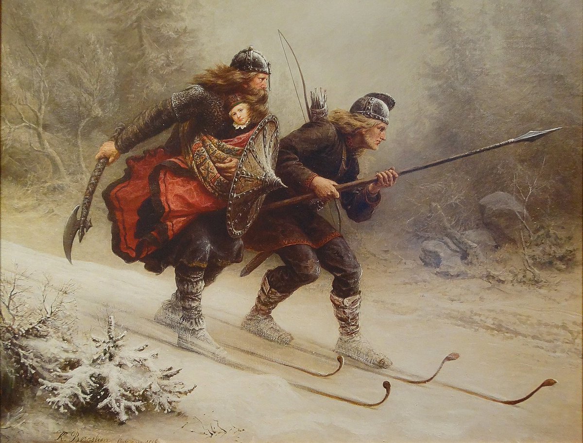 Over in Lillehammer we find a municipal shield who could really do with a blessing from the ski/shield god right about now. Here we see a Birkebeiner ("Birch-leg") rebel in the process of saving the infant king Håkon IV Håkonsson from the wealthy Baglers during the civil war era.