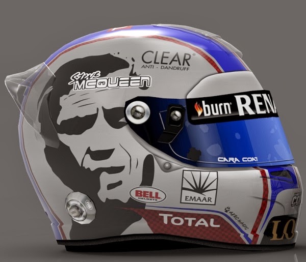 2013 - EUA O meu favorito de todos os tempos, amo esse capacete O capacete foi em homenagem ao ator americano Steve McQueen, conhecido por atuar em filmes como "Bullitt" e "Fugindo do Inferno". Era um amante da F1 também.