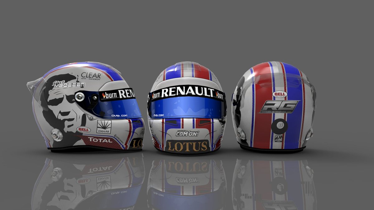 2013 - EUA O meu favorito de todos os tempos, amo esse capacete O capacete foi em homenagem ao ator americano Steve McQueen, conhecido por atuar em filmes como "Bullitt" e "Fugindo do Inferno". Era um amante da F1 também.