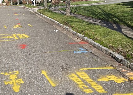 NewYork811CGA's tweet photo. Great example of a #markout showing multiple #UndergroundUtilities in different directions, also illustrates utilities sharing a common trench. Showing #excavators, you never know what below, be sure to #callorclick #811 #NewYork811 https://t.co/HiUanjhgxt