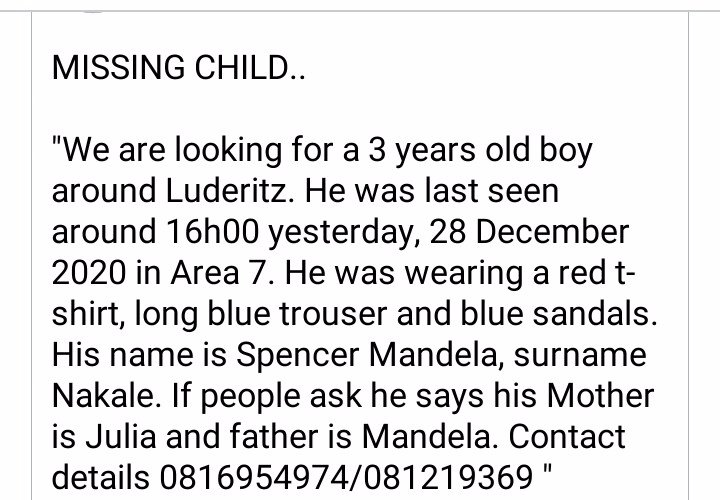 UnitMissing's tweet photo. MISSING PERSON ALERT:
Spencer Mandela went missing on the 28th December in Luderitz. If you have any information regarding his whereabouts please contact the nearest police station or contact 081695474
#BringSpencerHome. https://t.co/5p1NSDVZCh