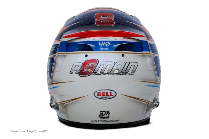 2014 - Bahrein Capacete bem parecido com o normal, não sei porque o Romain ama tanto o Bahrein, único piloto que fez capacetes específicos pro Bahrein com tanta frequência.