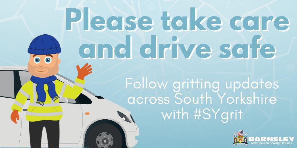 Our crews will continue to patrol the borough for the rest of the day, spreading grit where it’s needed. With low temperatures it’s likely to get icy overnight, so our gritting team will be out on primary routes from 6pm and again at 10pm. Visit barnsley.gov.uk/gritting. #SYgrit