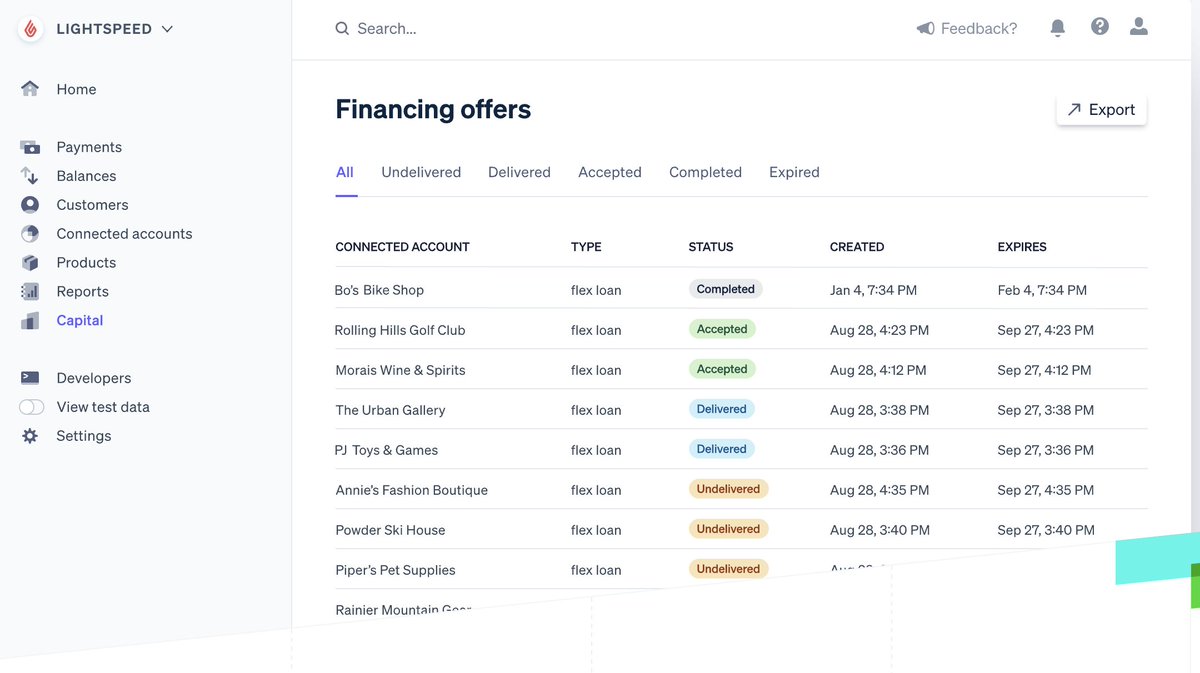 12/ in 2020, like Square, Stripe launched a lending line - "Stripe Capital" - a lending API that lets businesses offer financing to customers. It seems pretty slick, though I've never used it. This has differentiated SQ and Stripe further from Paypal and Lightspeed.