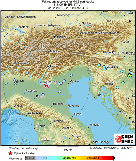 LastQuake's tweet photo. M4.5 #earthquake (#terremoto) strikes 6 km SE of #Verona (#Italy) 8 min ago. Effects reported by eyewitnesses: https://t.co/CTPzqguP11
