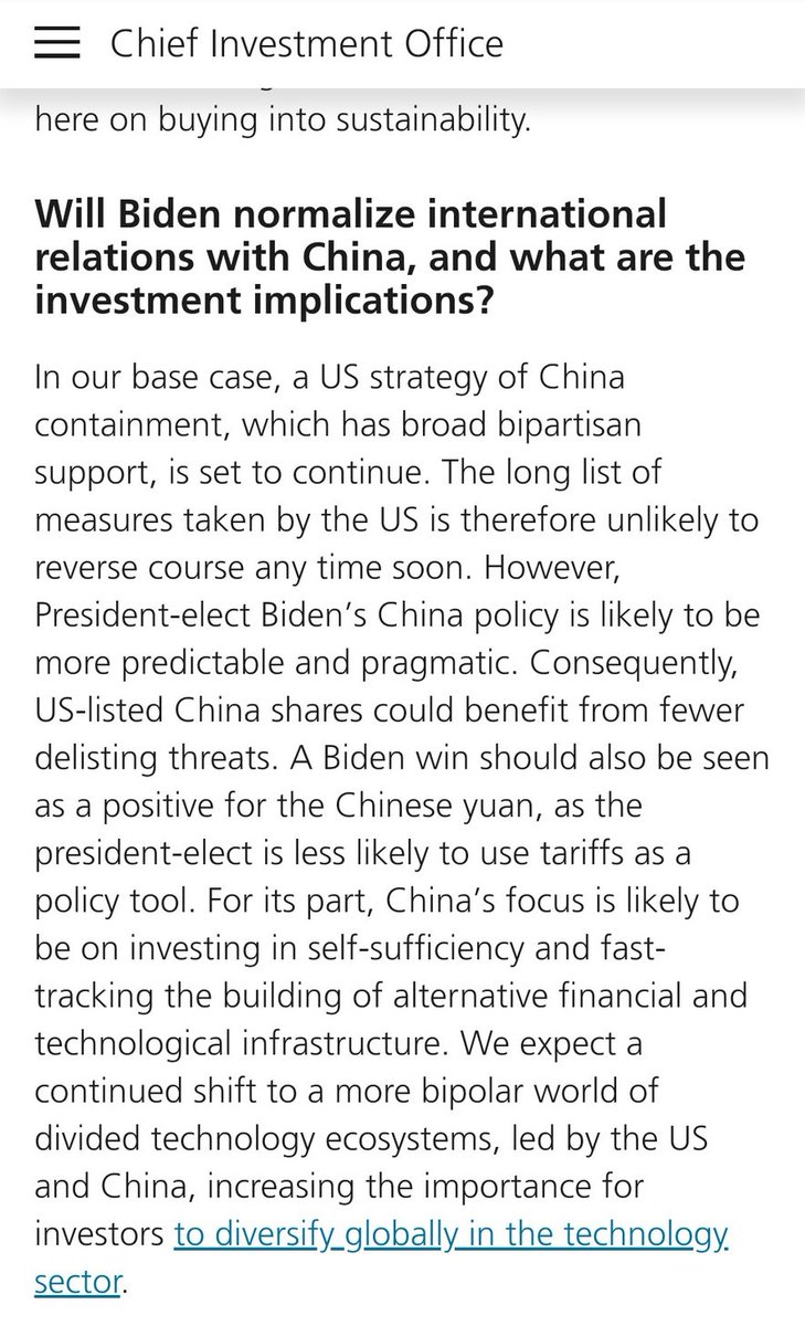 ~7~A Joe Biden presidency would benefit them. Most of all because China has been hurt because of Trump’s strong stance. Remember they are looking for the best return on investment.  https://www.ubs.com/us/en.html 