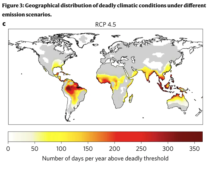 jasonhickel's tweet image. This image is haunting.  At 2-3 degrees, huge parts of the global South will suffer deadly heat.  Climate breakdown is the prolongation of colonial violence: first they were plundered, then they were burned.  nature.com/articles/nclim…