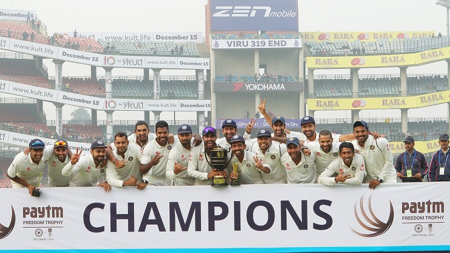 3. Nov 15 - SA tours IN - 4 matchesIndia won the series 3-0 denying any victory to the visiting south African team. It was a top notch SA team captained by Ab de Villiers joined by Amla, Faf, Duminy, Styen, Morkel, Imran Tahir etc.Ashwin was given MOS for his 31 wickets.
