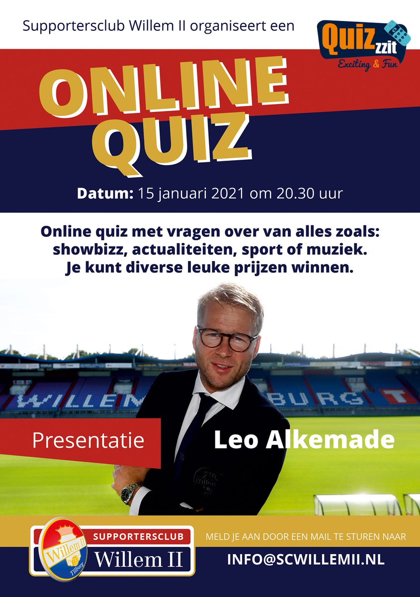 Het nieuwe jaar starten wij met een leuke activiteit! 15 januari 2021 om 20.30 uur begin de online #quiz en iedereen kan meedoen. Meld je aan voor de quiz door een e-mail te sturen naar info@scwillemii.nl #SCWillemII <a href="/QUIZzzIT/">QUIZzzIT</a> <a href="/WillemII/">Willem II</a> <a href="/alkemaatje/">Leo Alkemade</a> scwillemii.nl/online-quiz/