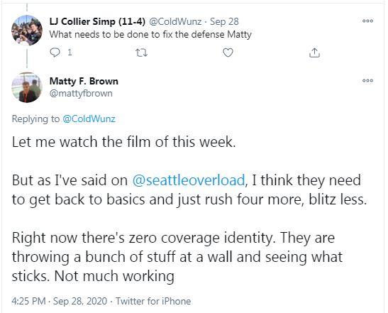 How did the Seahawks Defense improve? By doing what  @cmikesspinmove and I spoke about on  @seattleoverload. By doing what I wrote about after the WK9 Buffalo debacle. They got back to basics.Pete Carroll 710 ESPN Seattle: "We’re playing the stuff that we know how to play."