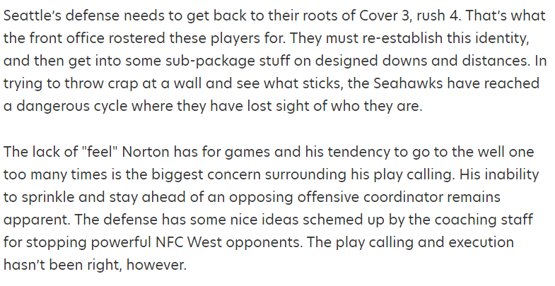 How did the Seahawks Defense improve? By doing what  @cmikesspinmove and I spoke about on  @seattleoverload. By doing what I wrote about after the WK9 Buffalo debacle. They got back to basics.Pete Carroll 710 ESPN Seattle: "We’re playing the stuff that we know how to play."