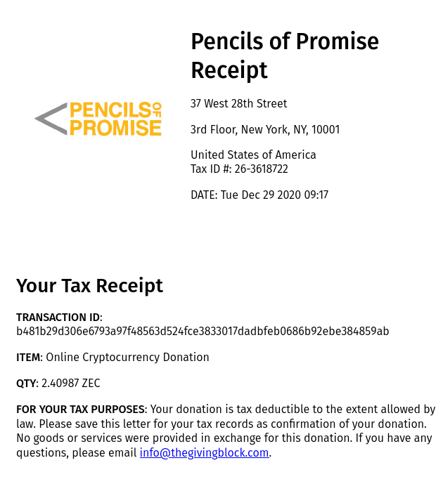 SpectrumPool's tweet photo. 📢Last #SPEC Donation log for 2020
In December we made one block and where able to donate 1010 $Ada to @PencilsOfPromis via @TheGivingBlock 

SPEC donations in 2020: 4485₳ (568$)🔥
SPEC annual ROS: 6.95% 🚀

Thanks to ALL our Delegators!🙇‍♂️

DD: https://t.co/LZ4dyIqzR3 #Cardano https://t.co/kavRahqImX