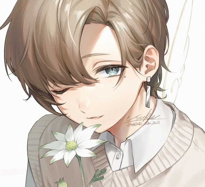 1boy male focus mole under eye one eye closed mole solo flower  illustration images