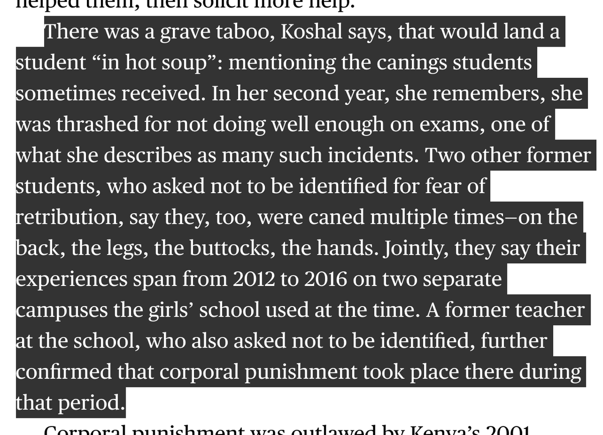 Here's some new info (to me): girls at a WE Charity school in Kenya were regularly beaten, reports Bloomberg. Yes, this is illegal in Kenya. WE denies it happened, but Bloomberg has a firsthand source on the record and corroboration from other students and a teacher. 5/x