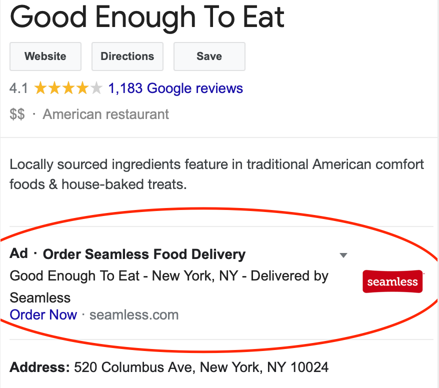 2/8 A customer  @Google's the name of a restaurant they want to order food from. This search result appears (see image).  @Seamless purchases an advertisement within the restaurant's "own" listing.