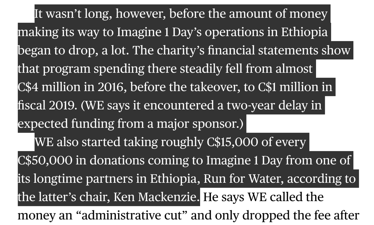 This Bloomberg piece also gets into something that probably deserves its own dedicated investigation: the story of how the Kielburgers wooed Chip Wilson into handing over his Ethiopian charity Imagine 1 Day, which WE then exploited for tourism and starved of funding. 6/x