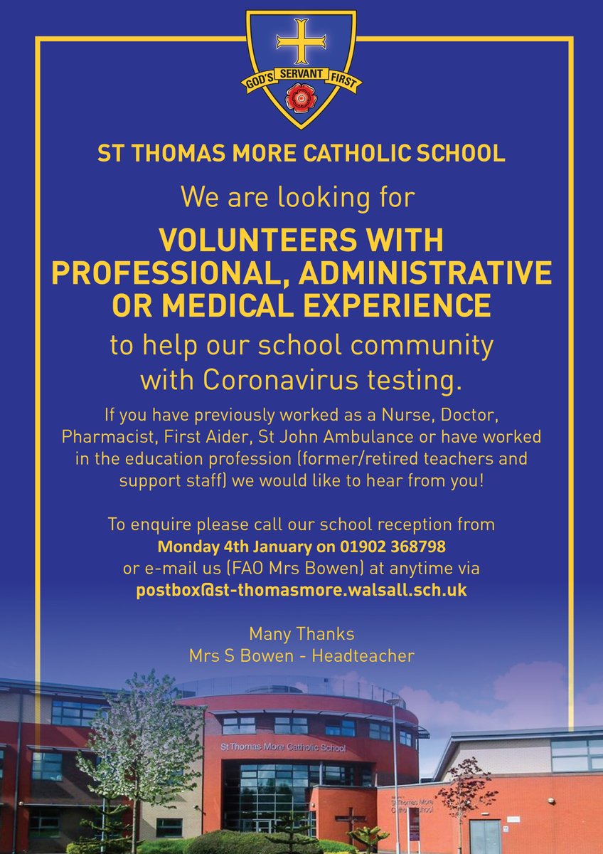 STMWillenhall's tweet photo. We are looking for volunteers with Professional, Administrative or Medical experience to help our school community with Coronavirus testing.

To enquire please see the details on our school website.

https://t.co/r6UehmALWT https://t.co/KfuPa6DJ0W