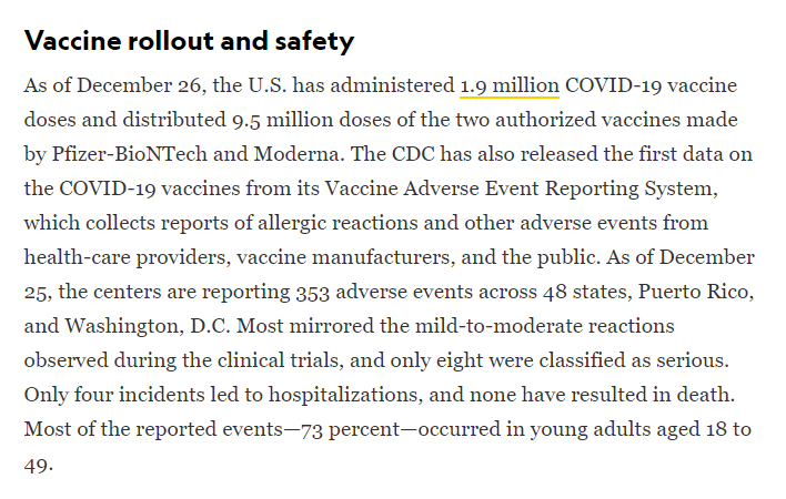 Lite preliminära siffror på mer allvarliga biverkningar efter vaccinering i USA

2 miljoner injektioner. 4 personer har blivit inlagda

En spruta till alla i Sverige med samma risk och vi får ~20 inläggningar totalt sett

Idag har vi mer än 200 inläggningar, PER DAG, med covid-19