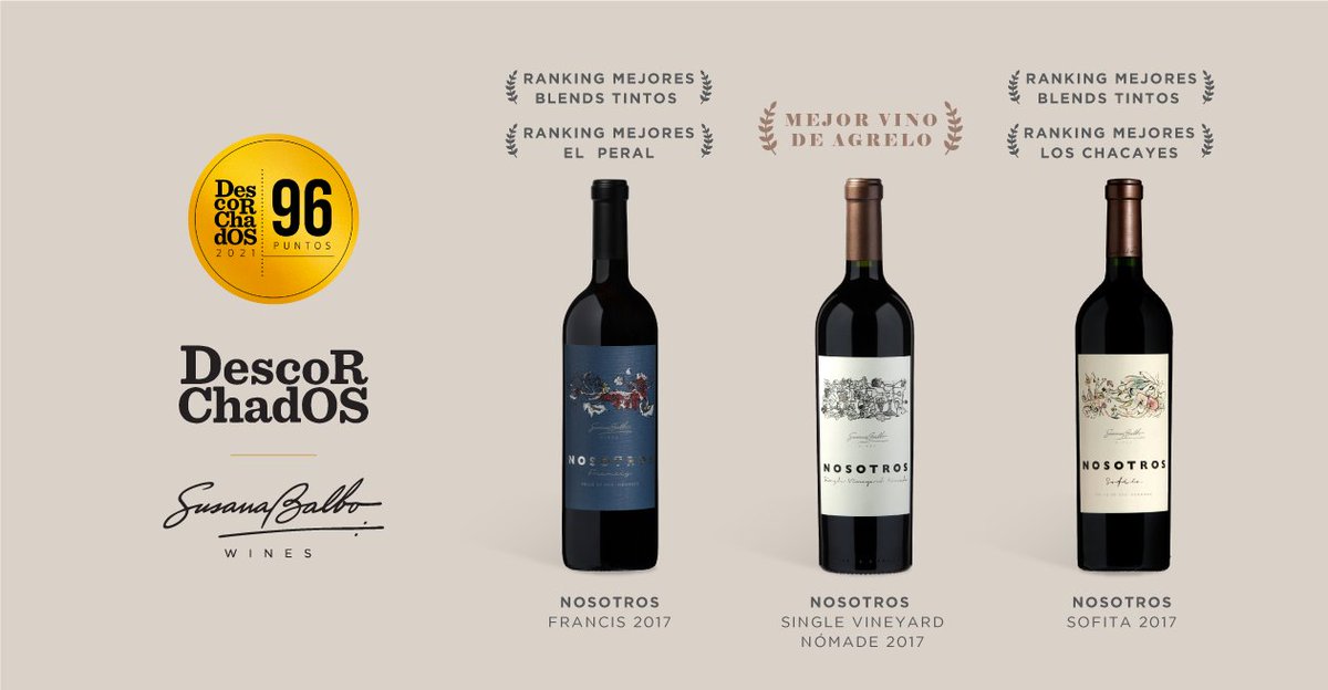 sbalbowines's tweet photo. Nos enorgullece compartir los reconocimientos otorgados a #Nosotros por @guiadescorchados 2021:
#Francis, #Sofita y #SingleVineyard #Nomade galardonados con 96 puntos, además de la mención especial a este último como el “Mejor Vino de Agrelo”.
¡Muchas gracias, Patricio! 👏🍷 https://t.co/WuLRpVJaqy
