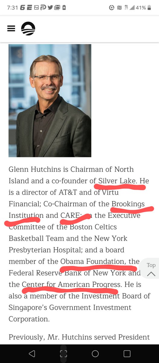 ~18~Pay close attn. to the companies he's been involved with; Brookings institutes, CARE, Obama foundation, Center for American progress, and his own foundation Hutchins Family Foundations. Some of these can be found right in Biden's transition team. https://buildbackbetter.gov/the-transition/agency-review-teams/