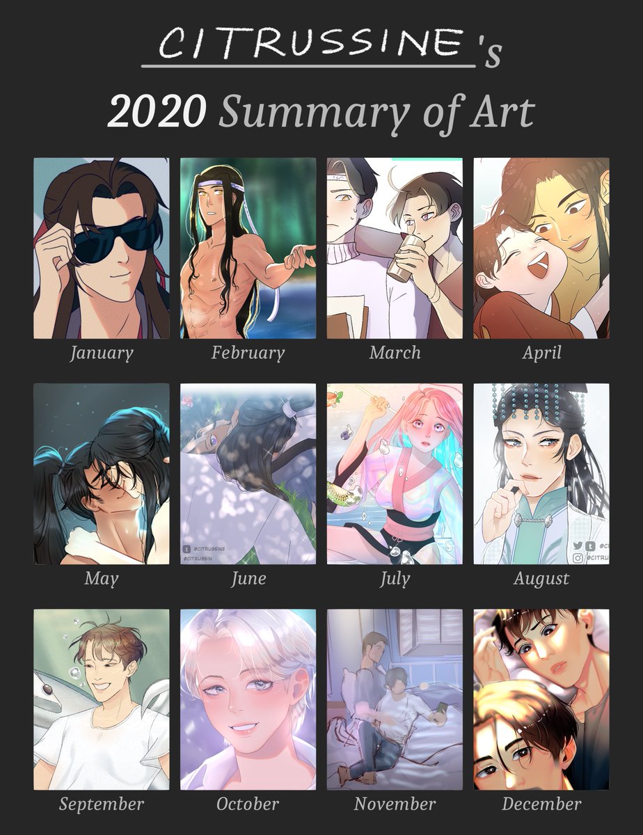 My 2020 summary of art!! 
I think it's rly sexy how cleanly my fandom is divided lmfao #wangxian were the first third of my year, #2ha the next, and the rest is #seventeen and #weilan XD