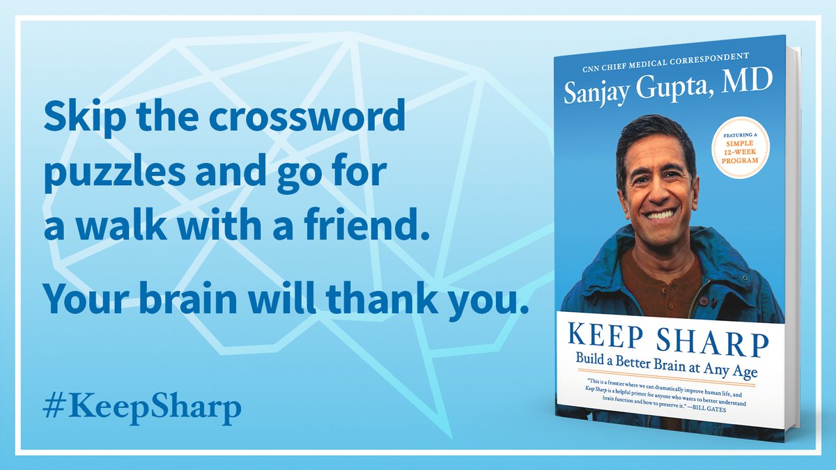 drsanjaygupta's tweet image. Go for a brisk walk with a close friend and talk about your problems. It is one of the best ways to keep your brain sharp. In the book, I explain why it works so well and what is happening in your brain. #KeepSharp #brain  
simonandschuster.com/books/Keep-Sha…