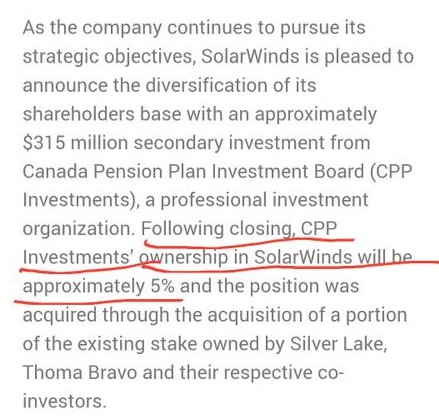 ~21~The CPP has 5% ownership of  #Solarwinds through the acquisition of a portion of the existing stake owned by Silver Lake. CPP has ties to the  #CCP through its investments into 2 chinese firms Hikvision & Dahua that are known for violating human rights using technology