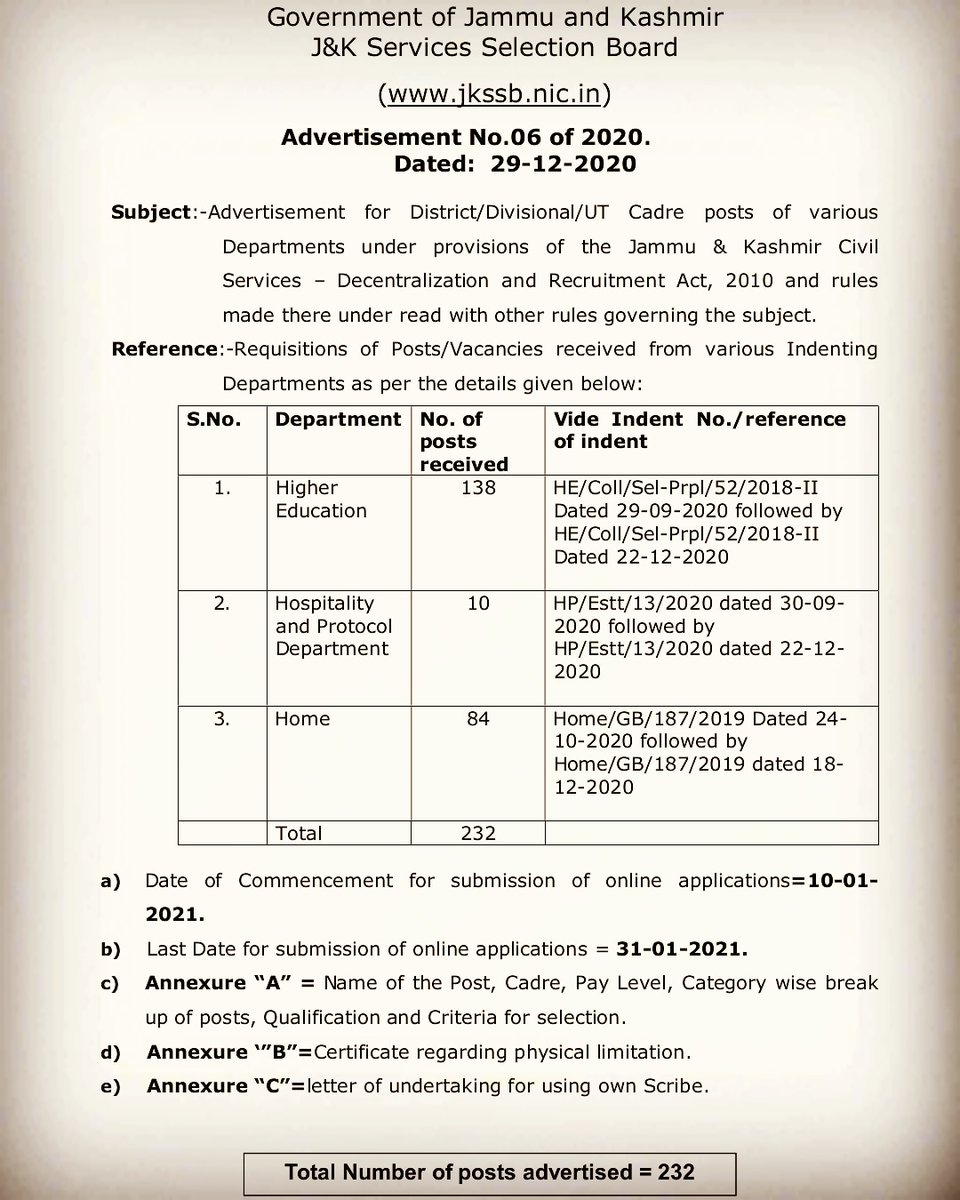 JehlamTimes's tweet photo. JKSSB Advertised 232 posts today in various departments of Jammu Kashmir UT.
#jkssb #jobs #jkjobs #ssbjobs #ssbjk #jammu #kashmir https://t.co/fQx5JnZAHl