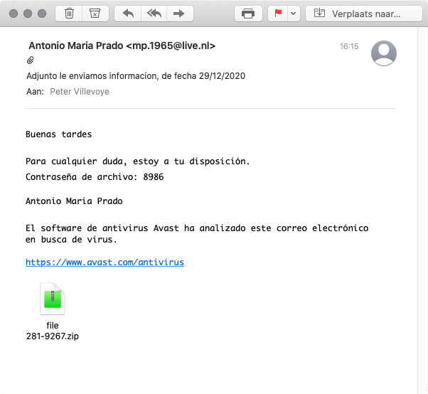 Deze email.
Dat dit nog kan bestáán !! 
Die wist toch maar ff langs tig email-relays en blacklists en filters te glippen. Vandaar, eigenlijk een uniek juweeltje...

Ik ga 'm uitprinten, ophangen en koesteren, als laatste artefact van idioterie uit vervlogen digitale tijden...