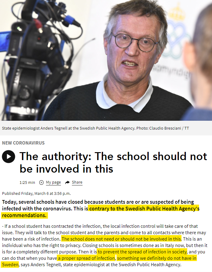 March 5 & 6. Several private schools in Stockholm County, also near us, closed for a short while because of positive cases and several students waiting to get tested. The state epidemiologist condemned the school closures.Link:  https://sverigesradio.se/artikel/7423237&nbsp;
