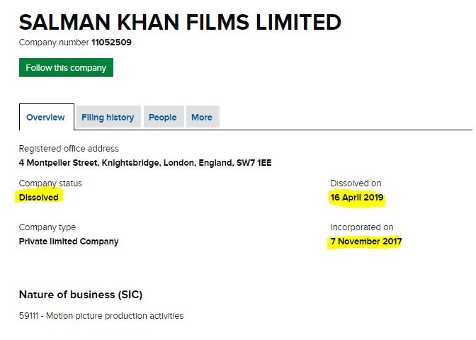 Now 2nd is SALMAN KHAN FILMS LIMITED. Incorporated on 7 November 2017 and dissolved on 16 April 2019.