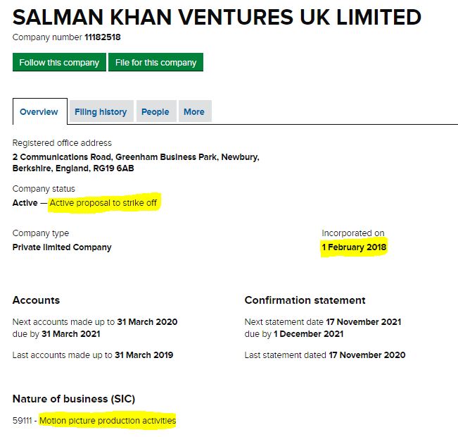 SALMAN KHAN VENTURES UK LIMITED. Incorporated on 1st feb 2018 and now it has proposal of strike off.There are three directors in this company